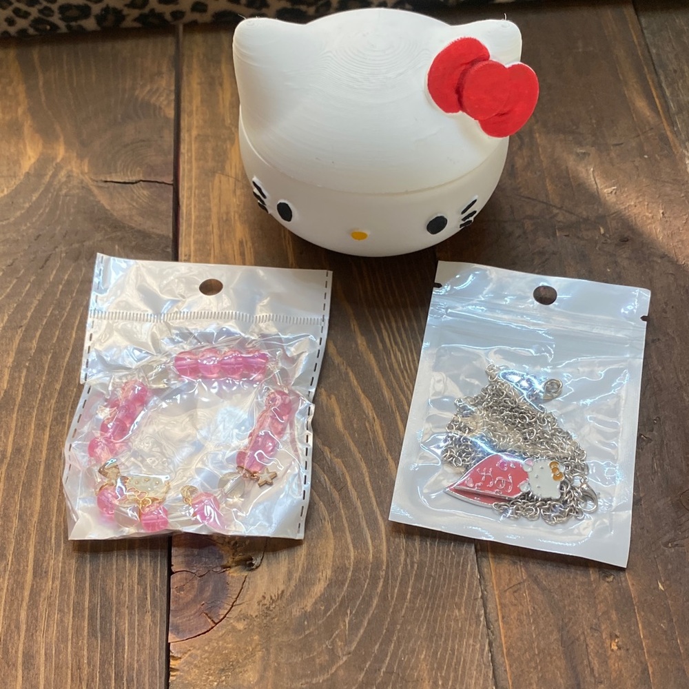 Hello Kitty Pink Charm Bracelet, Necklace and 3D Printed Trinket Box
